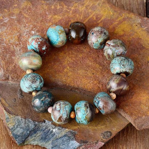 Natural 14mm Blue Calsilica Jasper Stone Beaded Bracelet - Picture 4 of 4